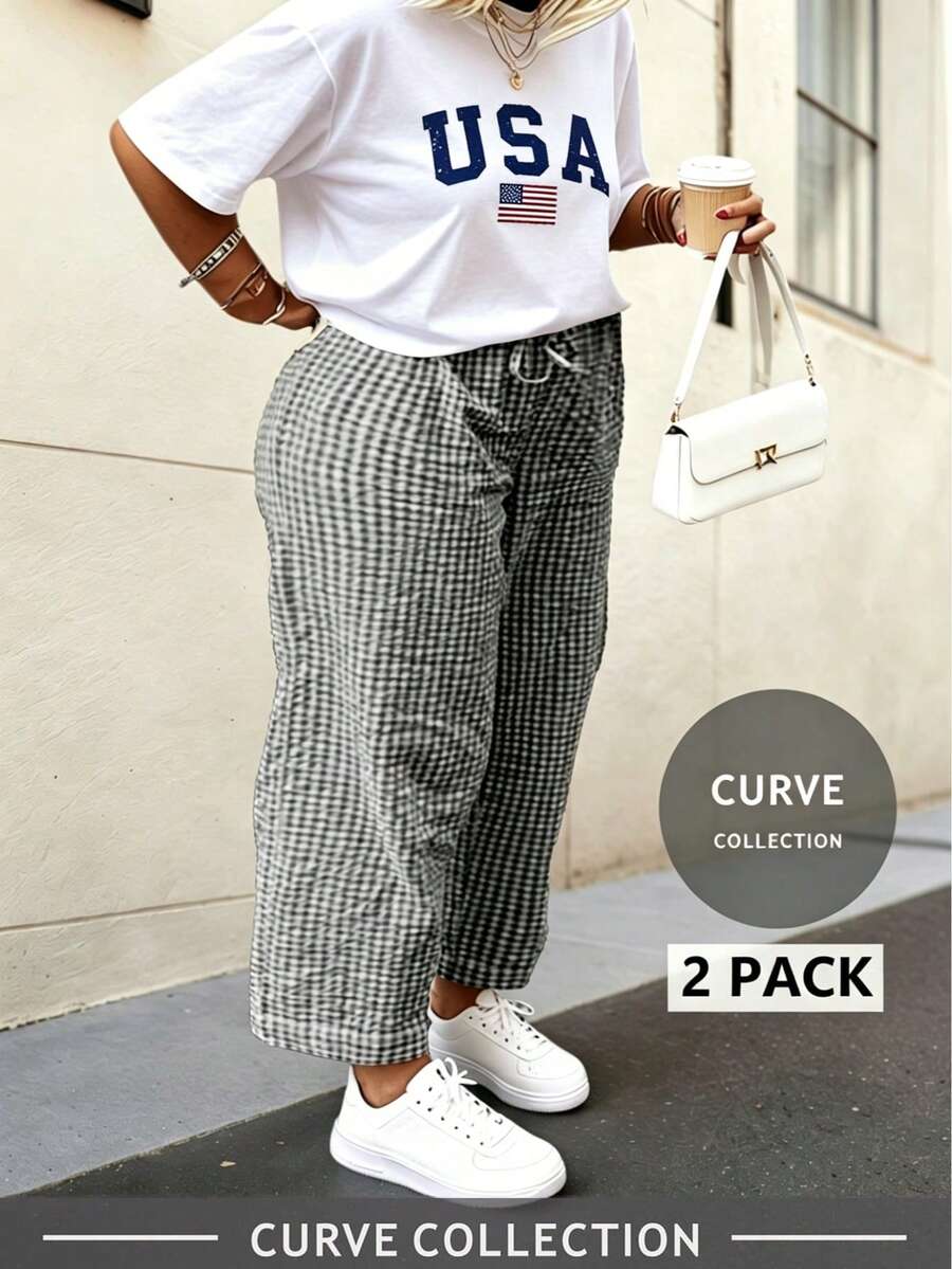 Bộ đồ 2 món nữ size lớn áo thun in họa tiết & quần ống rộng kẻ caro - Trang phục phối sẵn phong cách casual, thoải mái mặc mùa thu, đơn giản, phong cách đường phố, đồ đi chơi, áo kiểu coquette in cờ Mỹ, quà tặng Ngày Độc lập 4/7, lễ hội pháo hoa USA cao cấp - màu đen - Xem 1