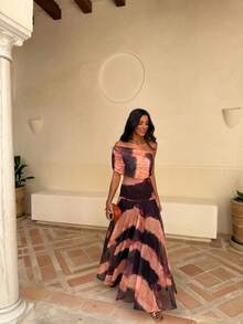 Vestido de fiesta verano tul estampado hombros al descubierto ajustado favorecedor ideal para vacaciones estilo europeo elegante - Amarillo - Ver 7