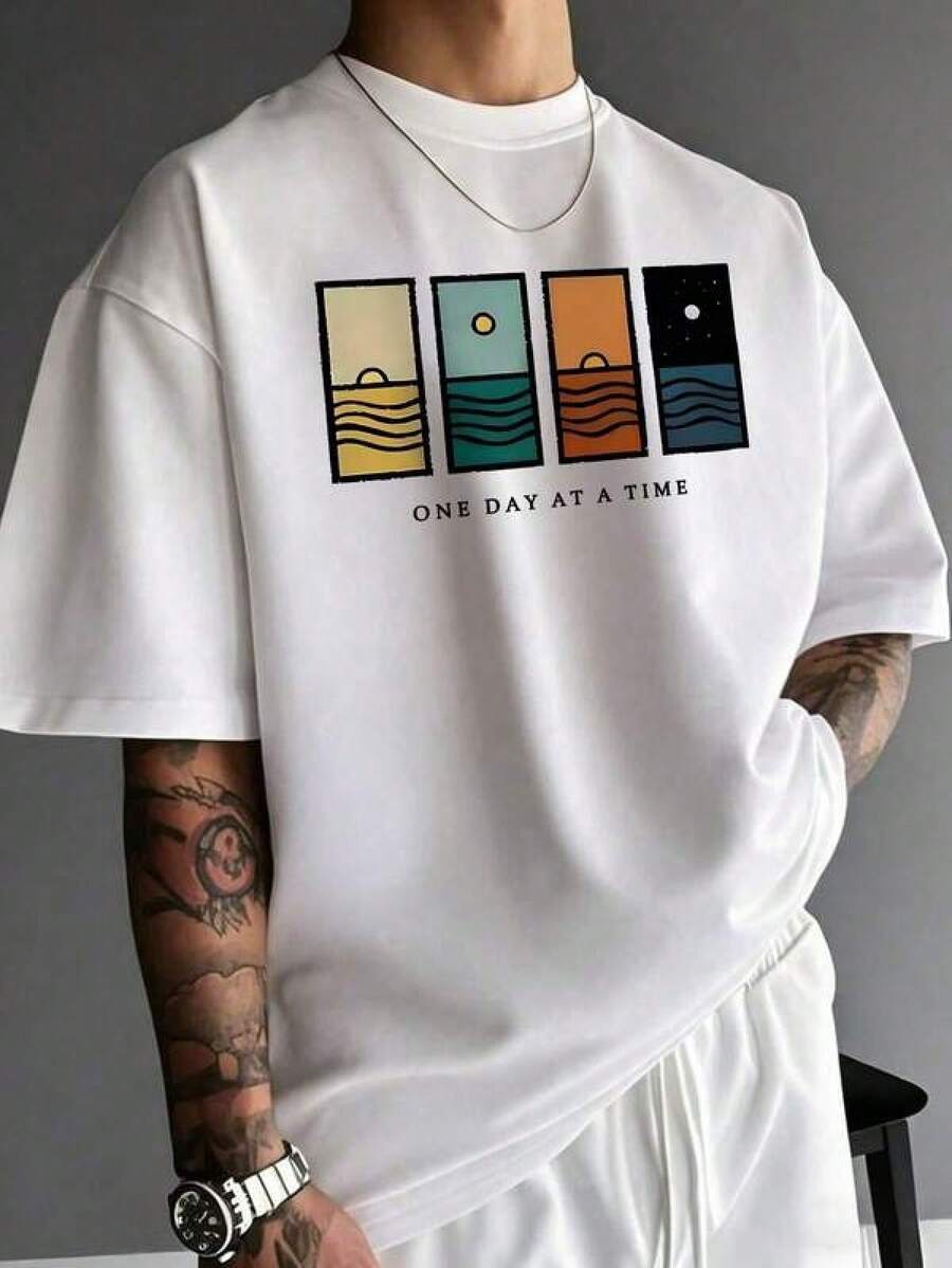 Camiseta de manga corta estampada minimalista para hombre, cómoda y transpirable, adecuada para el verano, a la moda. - Blanco - Ver 1