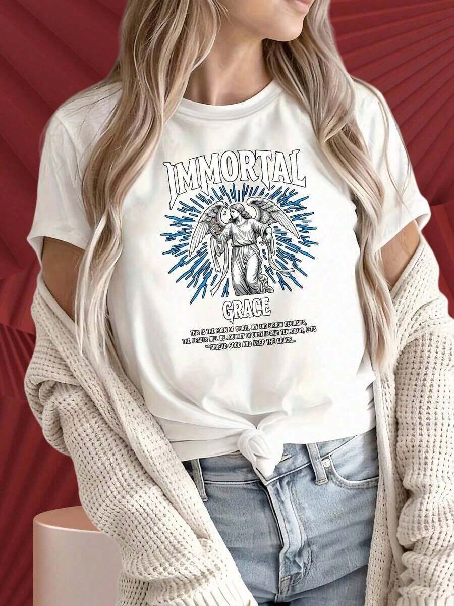 Camiseta de Algodón Estilo Vintage con Estampado de Slogan de Lisboa, Diseño de Ángel de Gracia Inmortal, Mensaje de Alegría Espiritual y Crecimiento, Camiseta Negra de Cuello Redondo para Mujeres y Hombres. Estampados Divertidos Ideales para Reuniones Familiares, Fiestas de Navidad, Actividades Deportivas, Fiestas de Vacaciones, Salidas, Deportes y Otros Regalos Festivos (220g). para el Verano Diario - Blanco - Ver 1