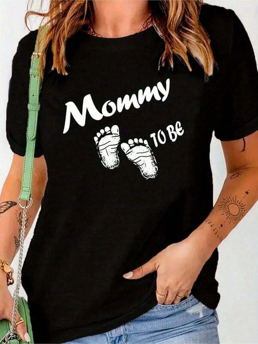 1 pieza Camiseta negra con estampado de huellas de futura mamá, cuello redondo, camiseta casual de algodón, tela de elasticidad media, corte regular para mujeres, para primavera/verano/otoño, Día de la Madre, Pascua, 180g, 100% algodón. - Negro - Ver 1