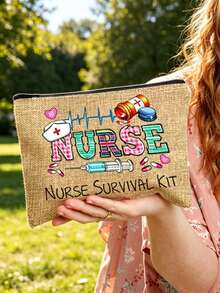 1 pieza, Bolsa de cosméticos de supervivencia de enfermera - Bolsa de maquillaje con estampado de cuadros de colores, letra NURSE, latido cardíaco de ECG, jeringa, frasco de pastillas y patrón de gorro de enfermera, bolsa de lona portátil para artículos de tocador de viaje, una bolsa de maquillaje diseñada para enfermeras, un regalo divertido para mujeres, estudiantes de enfermería y profesionales, perfecto para la Semana de Apreciación de Enfermeras, una bolsa de viaje para cosméticos, una solución de almacenamiento portátil para artículos de tocador y una bolsa para productos de belleza y cuidado de la piel - Multicolor - Ver 5