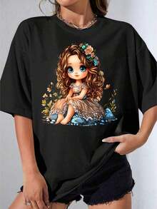 Camiseta Blanca para Mujer con Estampado de Niña Linda con Flores y Ojos Azules, Ropa Casual de Verano, Top de Moda para Fiesta al Aire Libre, Camiseta Estampada Informal de Algodón Puro - Negro - Ver 1