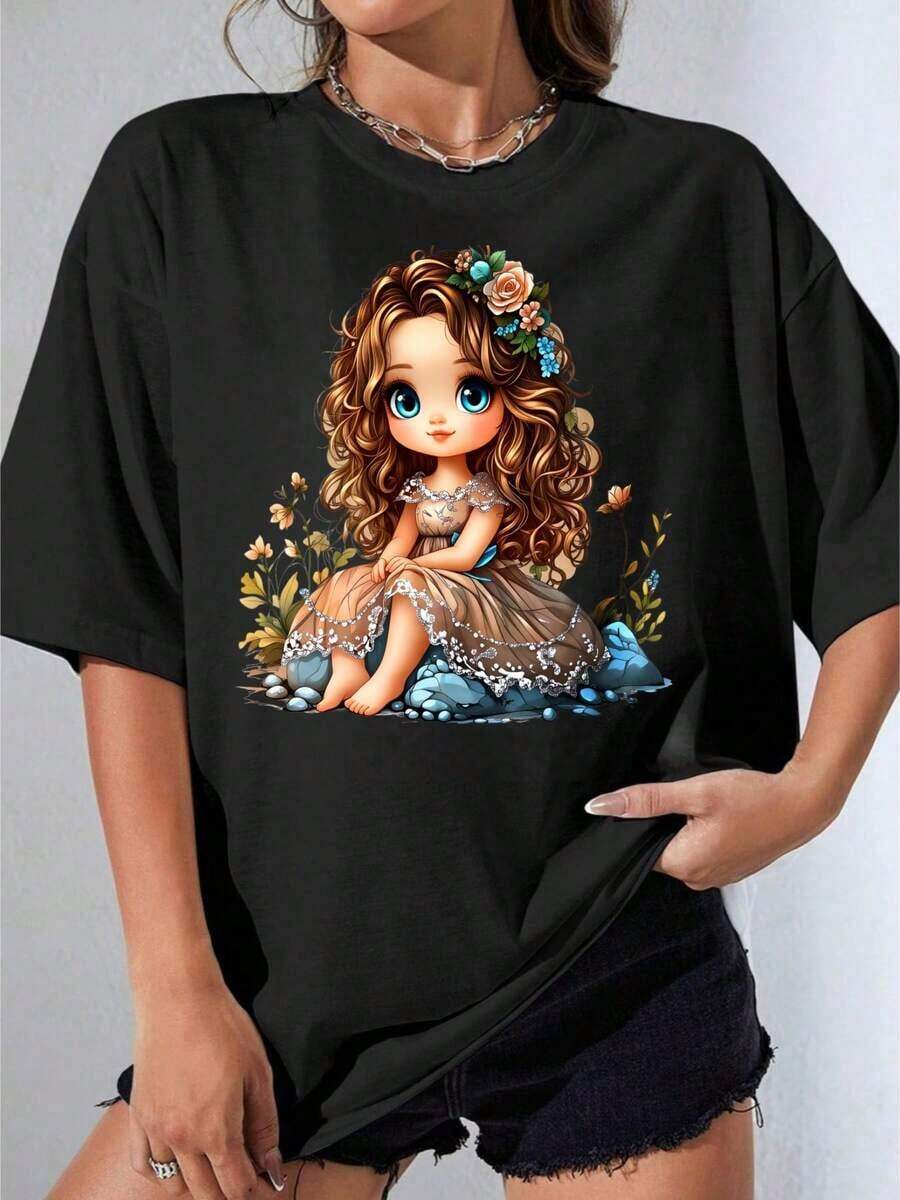 Camiseta Blanca para Mujer con Estampado de Niña Linda con Flores y Ojos Azules, Ropa Casual de Verano, Top de Moda para Fiesta al Aire Libre, Camiseta Estampada Informal de Algodón Puro - Negro - Ver 1