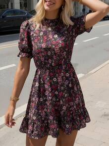 Vestido elegante con estampado floral de verano y volantes en el bajo/cuello para mujer para vacaciones - Multicolor - Ver 4