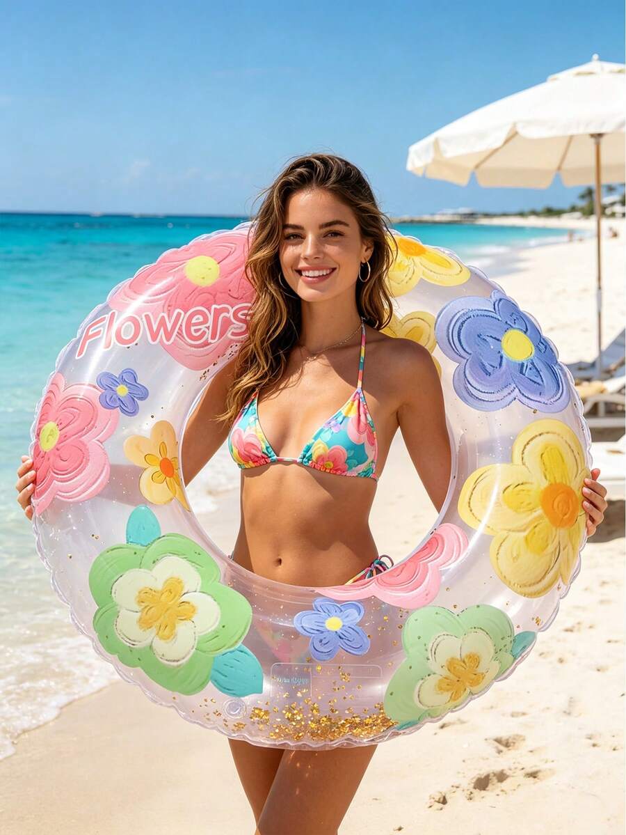 1 Stück aufblasbarer Schwimmring mit Pailletten, Blumen- und Fruchtmuster, Glitzer-Poolring für Erwachsene, Junggesellinnenabschied, Strand- und Wasserparty, Sommer-Schwimm-Lounge-Stuhl, Pool-Dekoration und Strandzubehör, ideales Geburtstagsgeschenk für Frauen - Gemischt - Übersicht 1