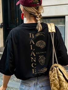 This Black Loose Drop-Shoulder Tee Features BALANCE Letter And Line Art Prints. Retro American Style, Slimming And Comfy For All-Day Casual Summer - Black - View 5