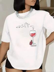 Camiseta Casual Ligera de Poliéster de Manga Corta para Mujer - Estampado de Copa de Vino y Gato, Cuello Redondo, Color Negro, Elegante y Casual para el Hogar, Restaurante, Fiesta - Duradera y Lavable a Máquina, Adecuada para Todas las Temporadas para Mujeres - Blanco - Ver 1