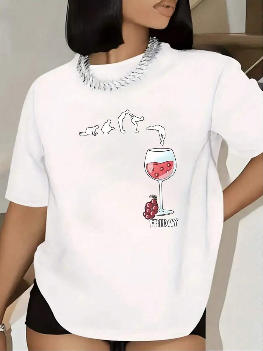 Camiseta Casual Ligera de Poliéster de Manga Corta para Mujer - Estampado de Copa de Vino y Gato, Cuello Redondo, Color Negro, Elegante y Casual para el Hogar, Restaurante, Fiesta - Duradera y Lavable a Máquina, Adecuada para Todas las Temporadas para Mujeres - Blanco - Ver 1