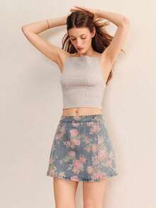 Falda vaquera con estampado floral rosa, estilo francés y parisino, para uso casual, vacaciones y días festivos. Falda de algodón con estilo vintage - Negro - Ver 7