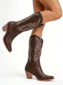 Cowboy Boots For Women Mid Calf Pointed Toe Slip-On Chunky Heel Pull On Cowgirl Boots Classic Embroidered Retro Fashion Western Boots - màu nâu - Xem 6