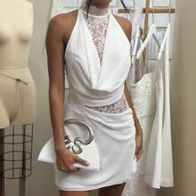 Vestido corta nueva llegada, cuello colgante con encaje, escote caído y corte ajustado - Pearl White - Ver 8