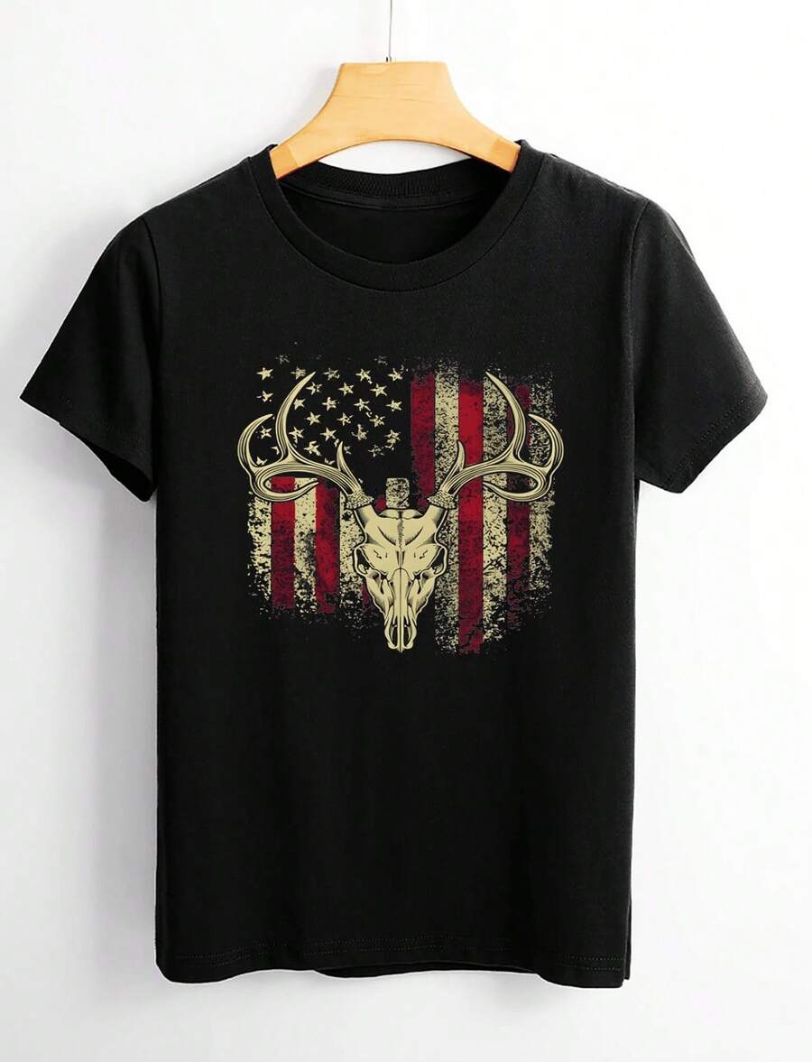 Camiseta de cuello redondo con estampado de la bandera estadounidense de estilo patriótico, diseño de bandera beige, manga corta, estilo casual adecuado para el verano, lavable a máquina, para el Día Nacional y salidas informales, playeras de mujer. - Negro - Ver 1