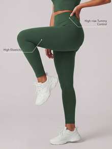 Sodalemon Women's Solid Color Yoga Pants, Tummy Control Workout Leggings For Fitness, Running, Exercise - Olive Green - View 2