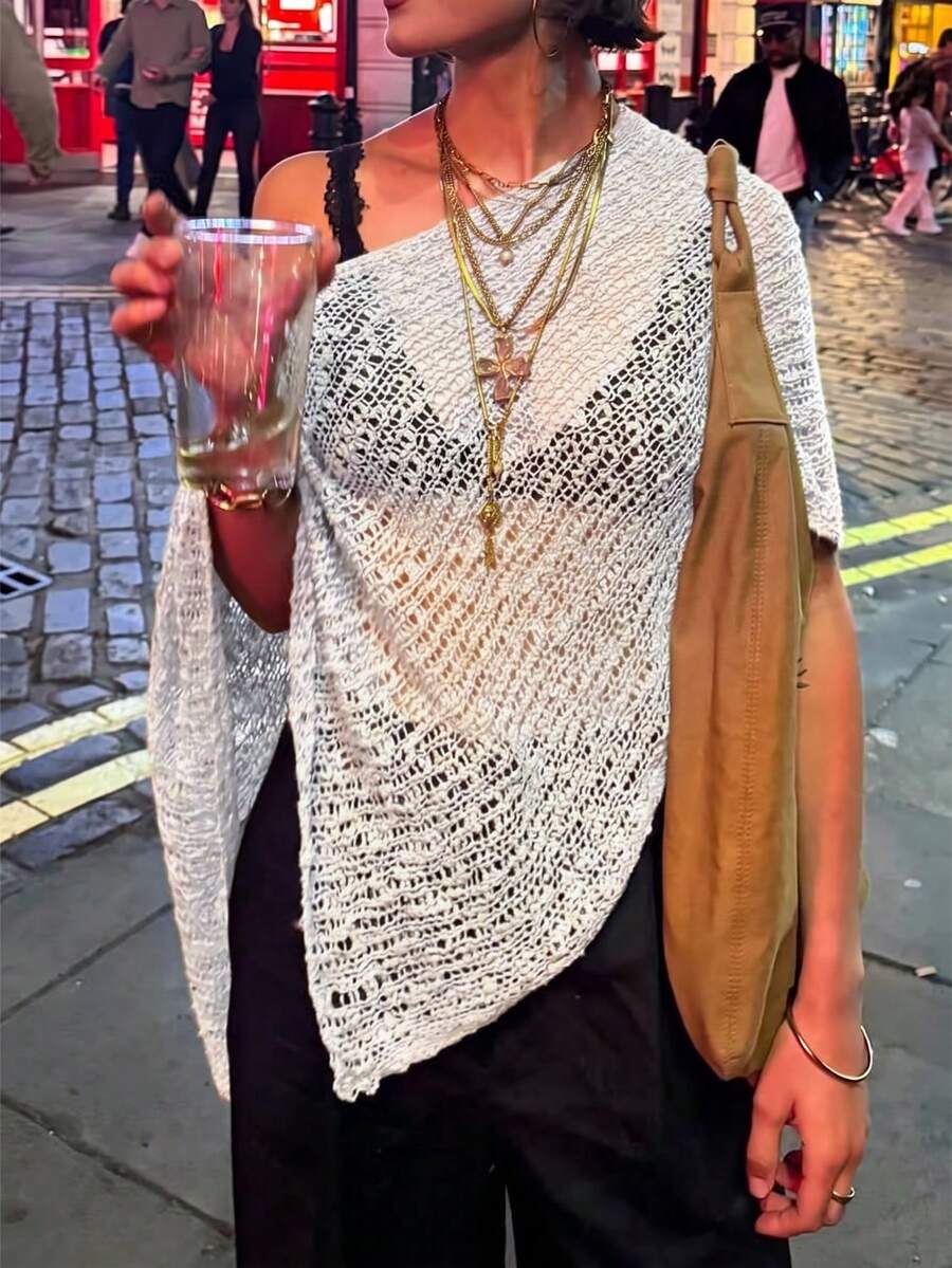 Vivid Style 女款不對稱鏤空休閒百搭披肩披風,度假海灘派對時尚,防曬寬鬆慵懶白色 - 白色 - 查看 1