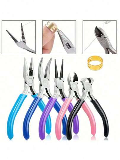 Bộ 5 kìm làm trang sức, bao gồm kìm mũi nhọn, kìm mũi xích, kìm mũi tròn và kìm cắt dây, thích hợp cho việc sửa chữa trang sức, quấn dây, làm đồ thủ công và chế tác trang sức.