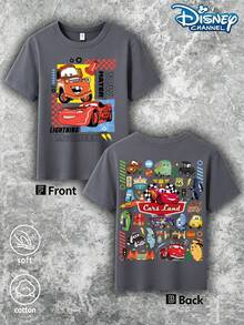 Disney 'Cars' Lightning McQueen And Tow Mater Racing Character Pattern Summer T-Shirt, Suitable For Boys And Girls To Wear For Holiday Parties, Dinners, Outdoor Play, Travel, And As A Children's Gift For Visiting Disneyland. - Màu xám đen - Xem 2