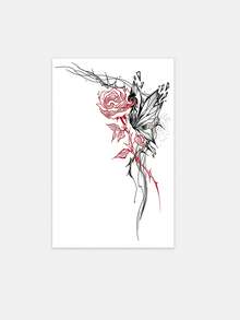 1 Tattoo Sticker With Red And Black Line Rose And Butterfly, Vertical Style, Dark And Niche Personalized Temporary Tattoo, Washable PVC, Disposable, Waterproof And Sweatproof, Suitable For Arms, Waist, Abdomen, Back, Legs, Non-Reflective, Realistic Tattoo, Suitable For People, Daily Use, Lasts 3-5 Days - Multicolor - View 4