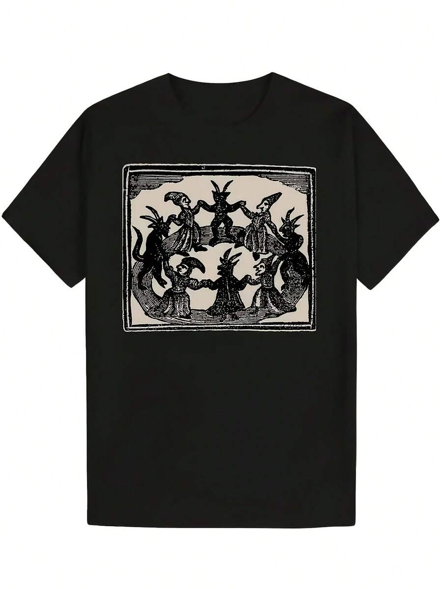 Men's Vintage Anime Horror Graphic T-Shirt - Retro Y2K Gothic Monster Design T-Shirt, Casual Short Sleeve Crew Neck Summer Shirt, Machine Washable, Unique Gift For Men, Anime T-Shirt, Summer Fashion, Bold Design, Comfortable Fit, Alternative Style, High Quality Print, For Alternative Fashion Lovers - 黑色 - 查看 1