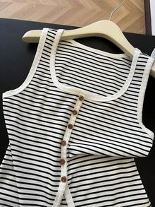 Chaqueta de Punto de Verano Casual y de Vacaciones con Estampado de Rayas y Decoración de Botones, Camiseta de Tirantes para Mujer - Blanco - Ver 6
