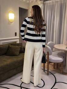 Cárdigan de punto de manga larga con cuello redondo ajustado, a rayas en blanco y negro, de estilo casual francés para mujer, para primavera/otoño - Blanco y Negro - Ver 2