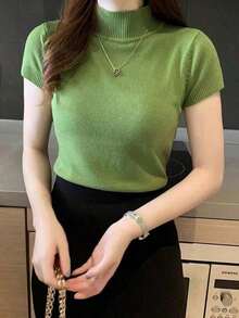 Camiseta de mujer de cuello medio-alto, top casual, estilo coreano de moda en color liso, para la temporada de primavera-verano - Burdeos - Ver 6