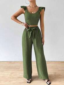 Conjunto de dos piezas de blusa con mangas de vuelo y pantalones largos de unicolor casual para mujer - Verde militar - Ver 5