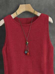 Chaleco de punto de unicolor para mujer, estilo japonés retro para capas, corto y casual para verano y vacaciones, versátil, adecuado para primavera, verano, principios de otoño, ir al trabajo, minimalista retro, festival de música colorido, escuela, top sin mangas - Rojo - Ver 5