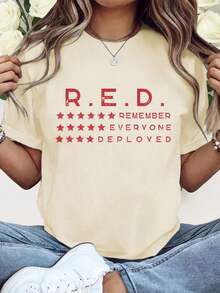 Camiseta Oversize de Manga Corta - Friday We Wear Red Remember All Deployed Personnel, Camiseta del Viernes Rojo, Camiseta de Conmemoración RE, Top Holgado de Moda para Mujer, Cómodo para Uso Diario, Adecuado para Actividades Casuales, Transpirable y Ligeramente Elástico, Lavable a Máquina, 100% Algodón - Albaricoque - Ver 1