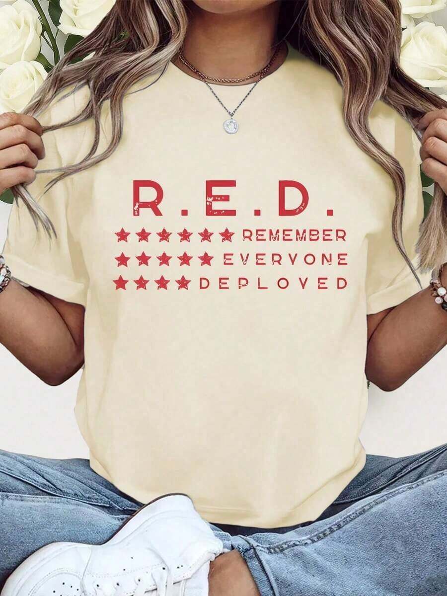 Camiseta Oversize de Manga Corta - Friday We Wear Red Remember All Deployed Personnel, Camiseta del Viernes Rojo, Camiseta de Conmemoración RE, Top Holgado de Moda para Mujer, Cómodo para Uso Diario, Adecuado para Actividades Casuales, Transpirable y Ligeramente Elástico, Lavable a Máquina, 100% Algodón - Albaricoque - Ver 1