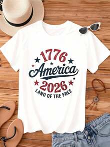 Women's Crew Neck T-Shirt, USA 1776-2026 Print, Land Of The Free, Stars And Stripes, Short Sleeve, Casual Style For Patriotic Independence Day Celebration, Cool Summer Clothes For Women - 白色 - 查看 2
