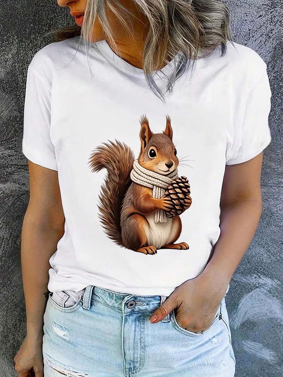 Women's Short Sleeve Crew Neck T-Shirt, Printed, Modern And Casual, Machine Washable, Comfortable Fit, 2D Flat Print Blouses For Women. - 白色_01 - 查看 1