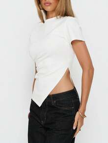 Womens Asymmetrical Summer Tops Going Out Shirts Spring Y2K Short Sleeve Crew Neck Ruched  Clothes - White - View 3