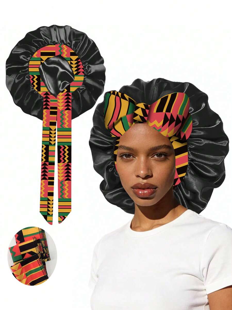 Bohemian Style Women's Satin Sleep Cap With Bow, Hair Protection Night Cap, Suitable For Long Curly Hair
