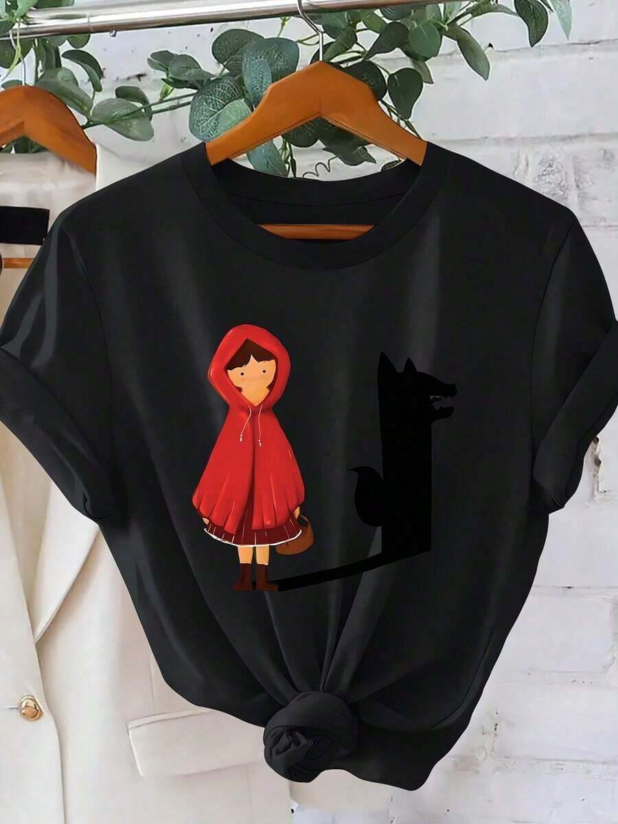 Camiseta de Mujer con Silueta de Caperucita Roja y Lobo - Estampado de Cuento de Hadas, Cuello Redondo, Manga Corta, Lavable a Máquina - Blusa para Atuendos Elegantes de Uso Diario (Gráfico de Caperucita Roja)Suitable for spring, summer and autumn - Negro - Ver 1