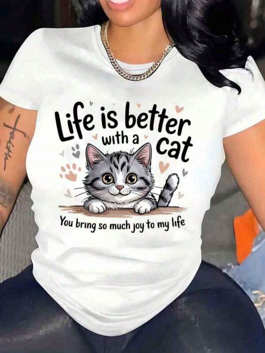 Camiseta de Mujer con Cuello Redondo y Estampado de Gato, Camiseta Gráfica con Diseño de Gato, Estilo Casual para Uso Diario, Estilo Vintage Urbano, Unisex, de Algodón, Manga Corta, Cuello Redondo, Blusas para Mujer. blusas.blusas casuales para dama. - Blanco - Ver 1