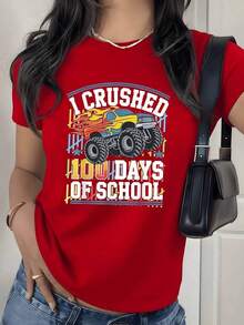 Camiseta con estampado gráfico de Monster Truck School Milestone, 180g, 1 pieza, para celebración, casual para mujer, 100% algodón, estilo callejero divertido. - Rojo - Ver 9