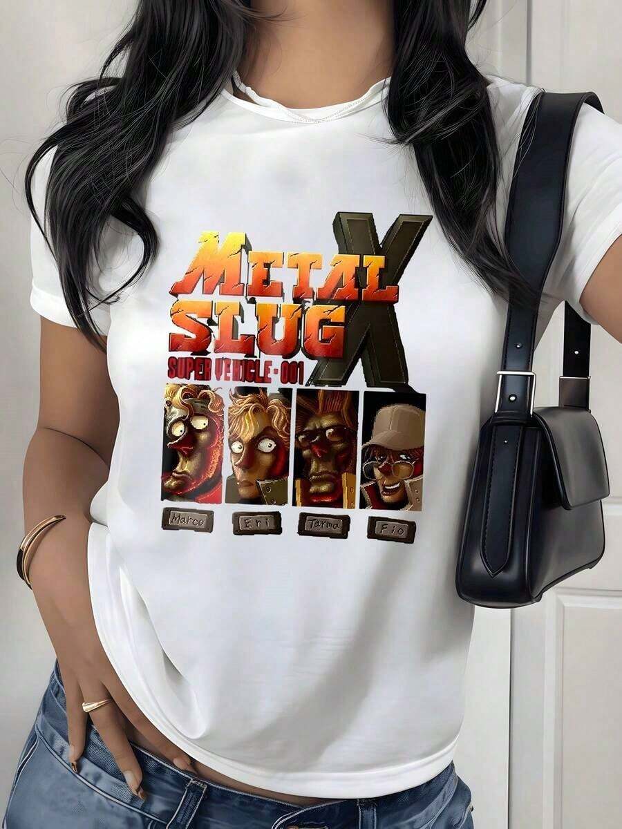 Retro Action Game Character Graphic Print T-Shirt, 180g, 1 Piece, Vintage Arcade Inspired Style, Women's Casual 100% Cotton T-Shirt, Streetwear Style - 白色 - 查看 1