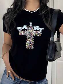 Camiseta con Estampado Gráfico de Cruz Floral, 180g, 1 Pieza, Camiseta Casual de Mujer 100% Algodón, Manga Corta de Verano, Top de Moda Urbana - Negro - Ver 9