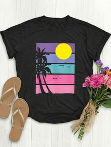 Una camiseta de manga corta para mujer, moderna, a la moda, retro y de corte holgado, adecuada para actividades al aire libre en primavera y verano.Camiseta de manga corta para mujer, estilo europeo y americano, con estampado retro de palmeras al atardecer, versátil, casual, deportiva y de moda urbana, con cuello redondo.blusas para mujer,blusas casuales para dama,tops,, mujer premium,y2k,playeras de mujer curvy,ofertas y liquidaciones ropa mujer,playeras deportivas para mujer,,playeras de hombre, mujer,blusas>elegante CVCV - Negro - Ver 8