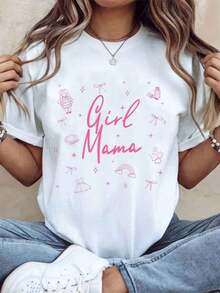 "Girl Mama" T-Shirt For Mothers And Daughters, Pink Graphic Design, Cute Maternity T-Shirt, Perfect Gift For Mom's Birthday Or Mother's Day, 220g - Urban Vintage Style, Unisex, Loose Cotton Short Sleeve T-Shirt With Round Neck, 100% Cotton - 白色 - 查看 7