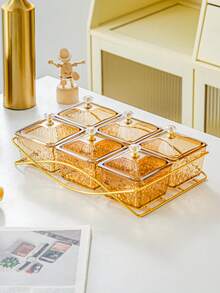 1 pieza Caja de almacenamiento de aperitivos con múltiples compartimentos y tapas transparentes, organizador de plástico ámbar PS para dulces, frutos secos con estante dorado para la cocina, mesa de comedor y barra de café - ámbar - Ver 9