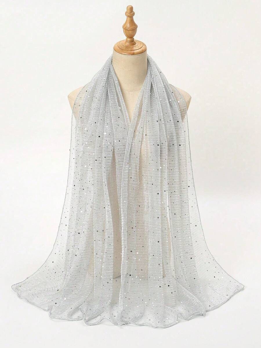 1 pieza Bufanda con hilos metálicos transparentes y lentejuelas, chal de moda de unicolor y ligero para mujeres - Gris plateado - Ver 1