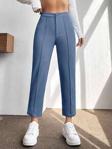 PETITE Pantalones De Mujer De Primavera De Cintura Alta Con Pliegue Prensado Cónico - Niebla azul - Ver 6