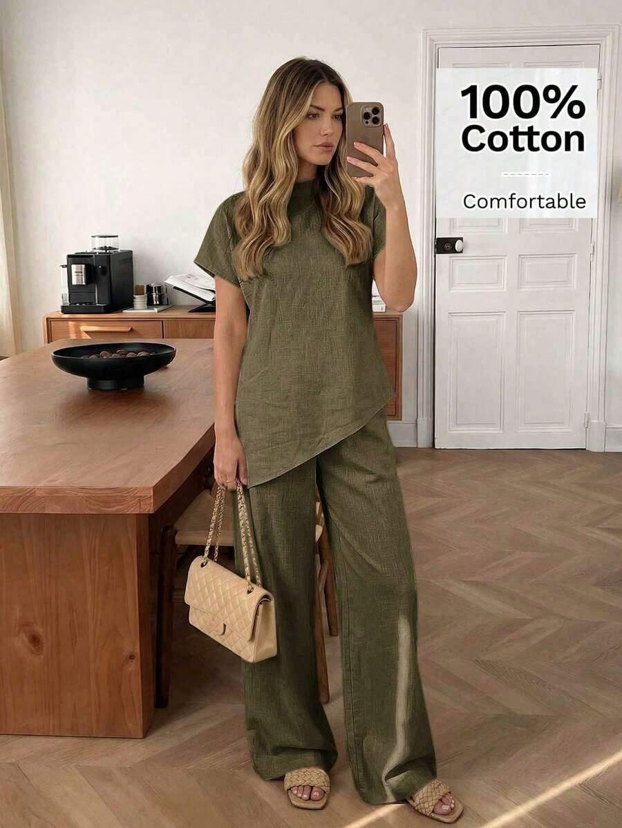 Conjunto de 2 piezas de top a rayas y pantalones con bajo asimétrico para mujer - Verde Oliva - Ver 1