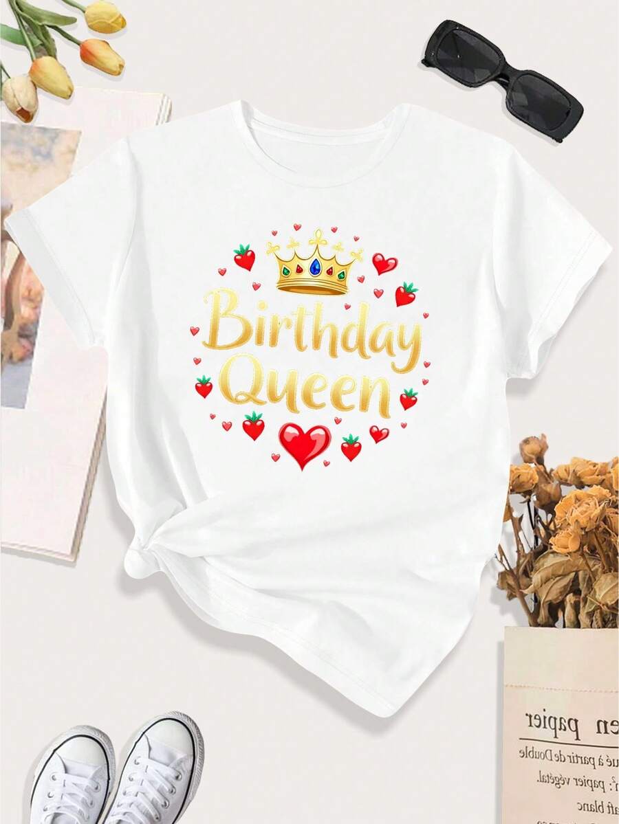 Camiseta de mujer, una camiseta deportiva casual para mujer, con un gran diseño de corona de reina de cumpleaños y rosas. - Blanco - Ver 1