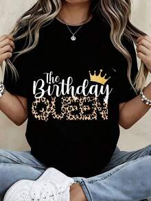 Camiseta de Moda para Mujer, Diseño 'The Birthday Queen' con Estampado de Leopardo y Corona, para Celebración de Cumpleaños, Ropa Casual para Fiestablusa casual mujer - Negro - Ver 7