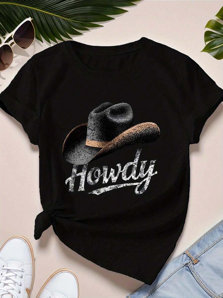 Camiseta de Algodón con Estampado de Sombrero de Vaquero HOWDY para Mujer - Manga Corta, Cuello Redondo, Estilo Casual de Verano, Ajuste Relajado y Transpirable para Rodeo y Atuendos Casuales. - Negro - Ver 1