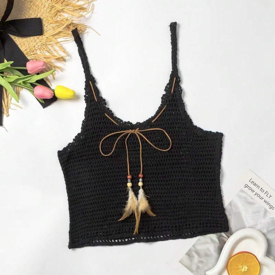 Traje de baño de dos piezas de punto para mujer con pareo, color sólido de alta gama, con lazo, estilo puro y sensual, top ajustado para mujer. - Negro clásico - Ver 1