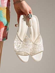 Sexy Lace Strap Slide Sandals For Women, Summer Open Toe High Heel Round Toe Mesh Slippers, Comfortable Outdoor Wear - White - View 7